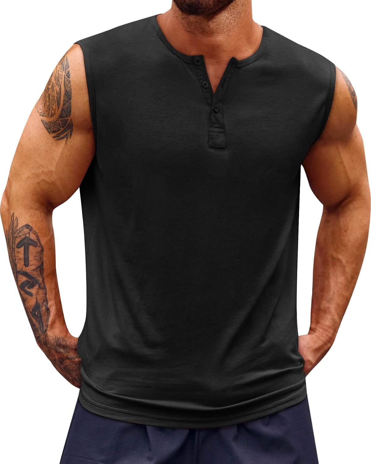 61YVC1mobbL._AC_SL1500_.jpg Mens Muscle Tank Tops Sleeveless Workout Gym Slim Fit Henley Shirt Casual Basic Summer Beach Tops - Image 1