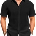 Mens Button Down Shirts Casual Short Sleeve Beach Shirt Summer Cotton Linen Lightweight Hippie Tops