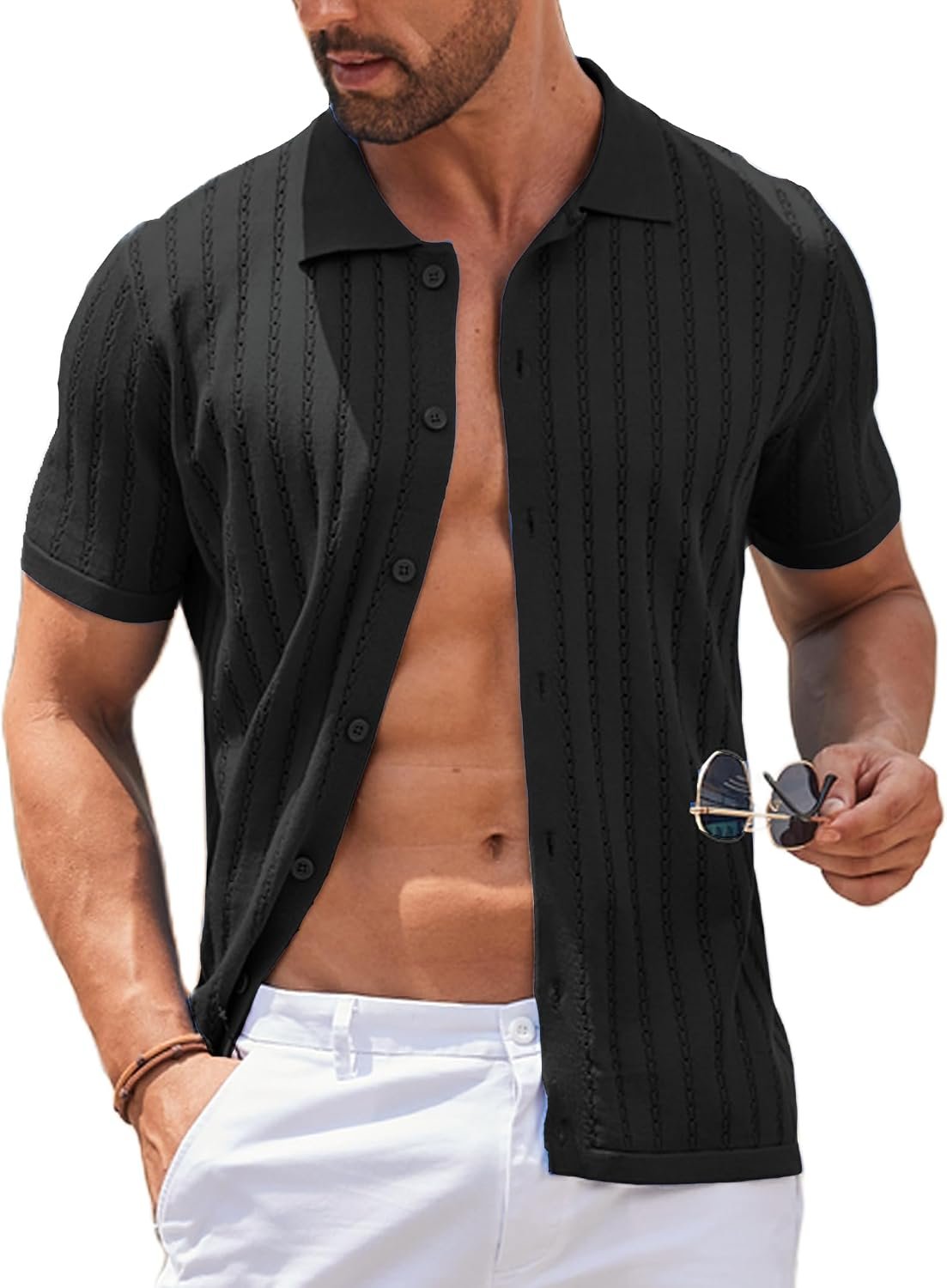71IkV4pct0L._AC_SL1500_.jpg Men's Knit Shirts Short Sleeve Button Down Shirt Vintage Casual Summer Beach Shirts - Image 1
