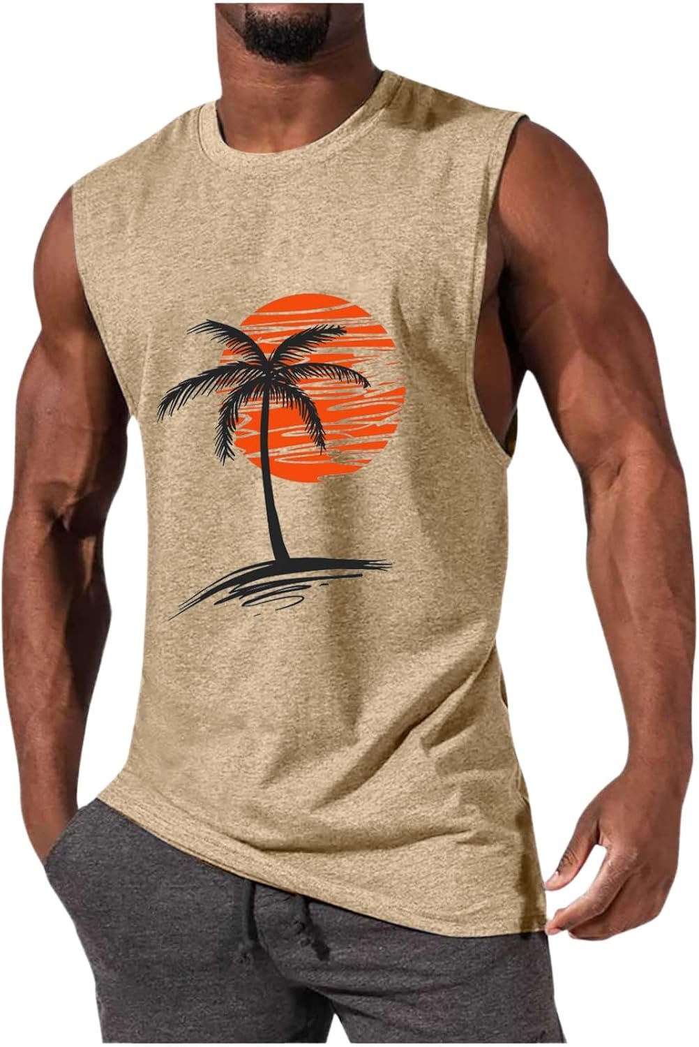 71JPJvRv5mL._AC_SL1500_.jpg Mens Summer Beach Tank Top Hawaiian Palm Tree Print Sleeveless Muscle Basic Tee Vacation Tops - Image 1