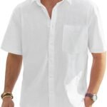 Men's Cotton Linen Short Sleeve Shirts Casual Lightweight Button Down Shirts Vacation Beach Summer Tops with Pocket