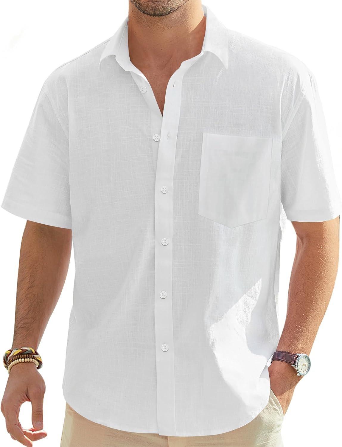 71Re2d3PWwL._AC_SL1500_.jpg Men's Cotton Linen Short Sleeve Shirts Casual Lightweight Button Down Shirts Vacation Beach Summer Tops with Pocket - Image 1