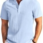 Men Casual Henley Tee Shirt Short Sleeve Band Collar Summer Beach Textured T-Shirt
