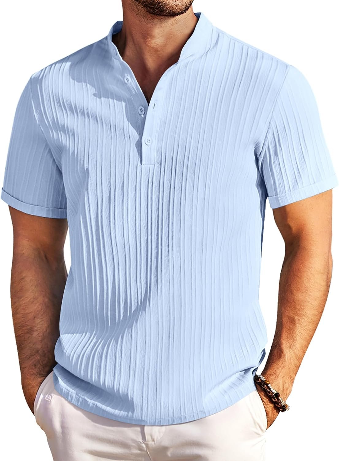 71nsBHEHIGL._AC_SL1500_.jpg Men Casual Henley Tee Shirt Short Sleeve Band Collar Summer Beach Textured T-Shirt - Image 1