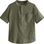 Boys Button Up Henley Shirt Short Sleeve Lightweight Summer Linen Cotton Dress Shirts Tees Tops with One Pocket