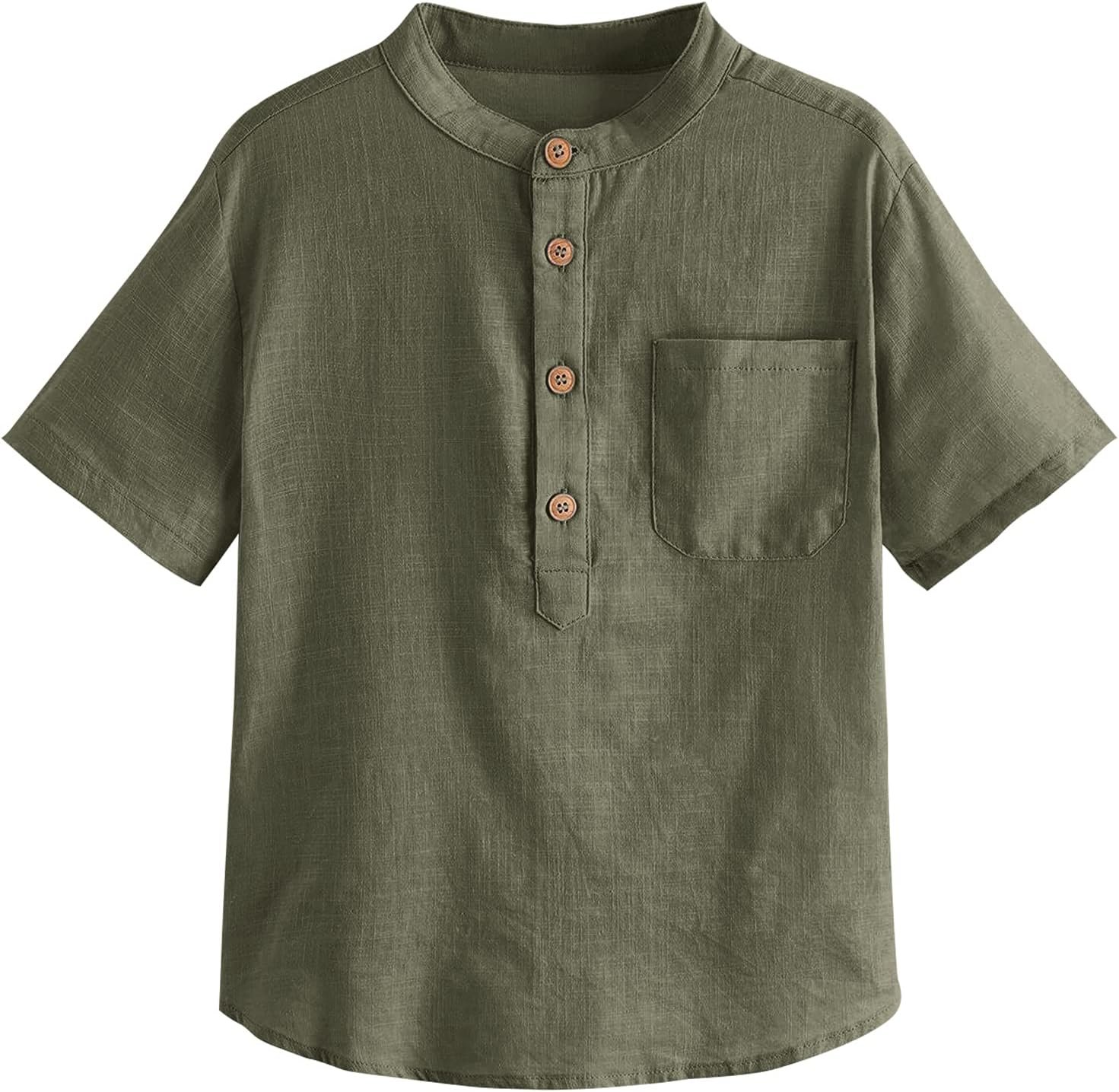 71rbd92B2NL._AC_SL1500_.jpg Boys Button Up Henley Shirt Short Sleeve Lightweight Summer Linen Cotton Dress Shirts Tees Tops with One Pocket - Image 1