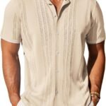 Men's Knit Button Down Shirt Vintage Short Sleeve  Shirts Casual Beach Tops