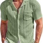 Men's Knit Button Down Shirt Short Sleeve Vintage  Shirts Summer Casual Beach Tops