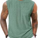 Mens Sleeveless Tank Tops Casual Hollow Out Knit T Shirts Beach Summer Hippie Tops with Pocket